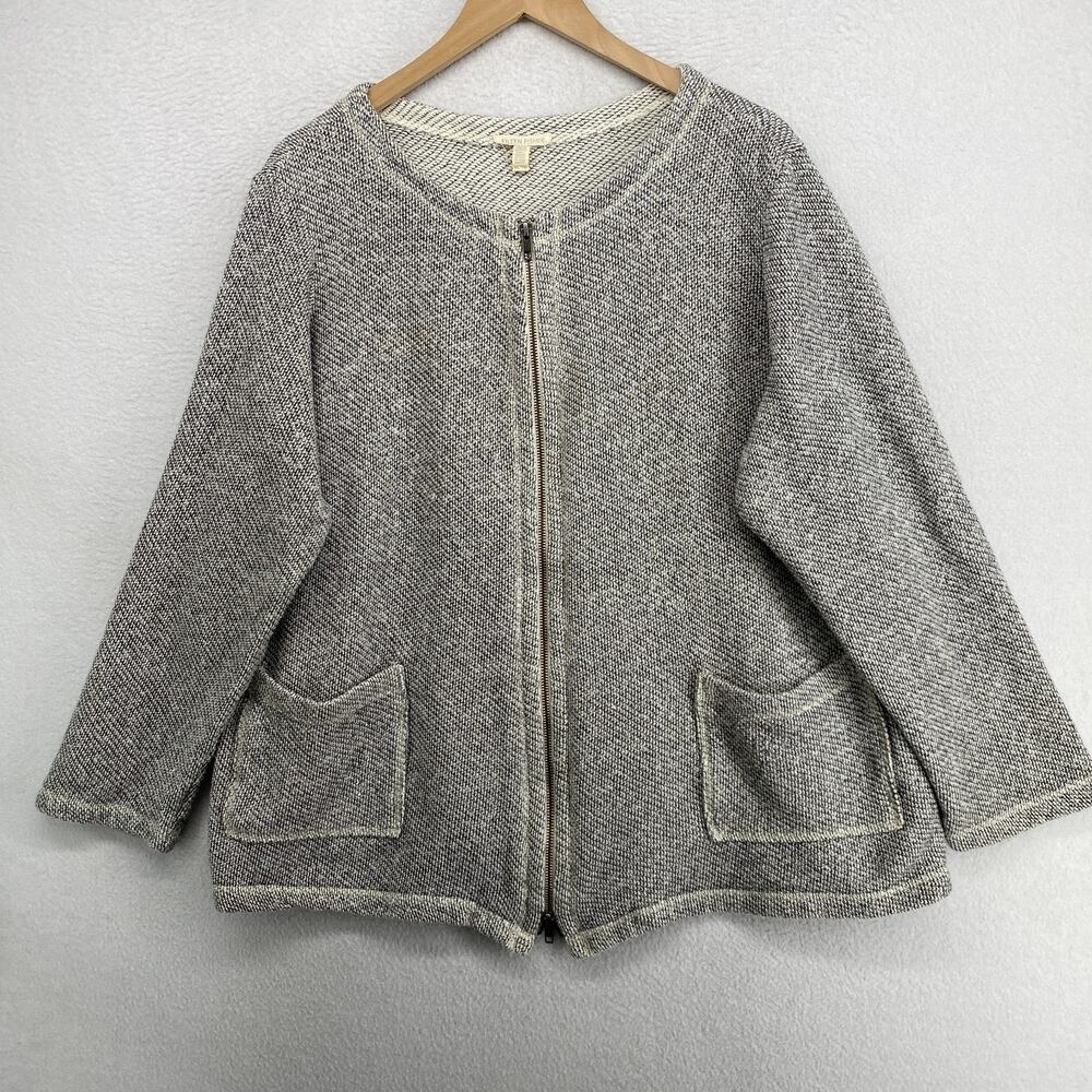EILEEN FISHER Jacket XL Twisted Organic Cotton Terry Full Zip Cardigan Gray